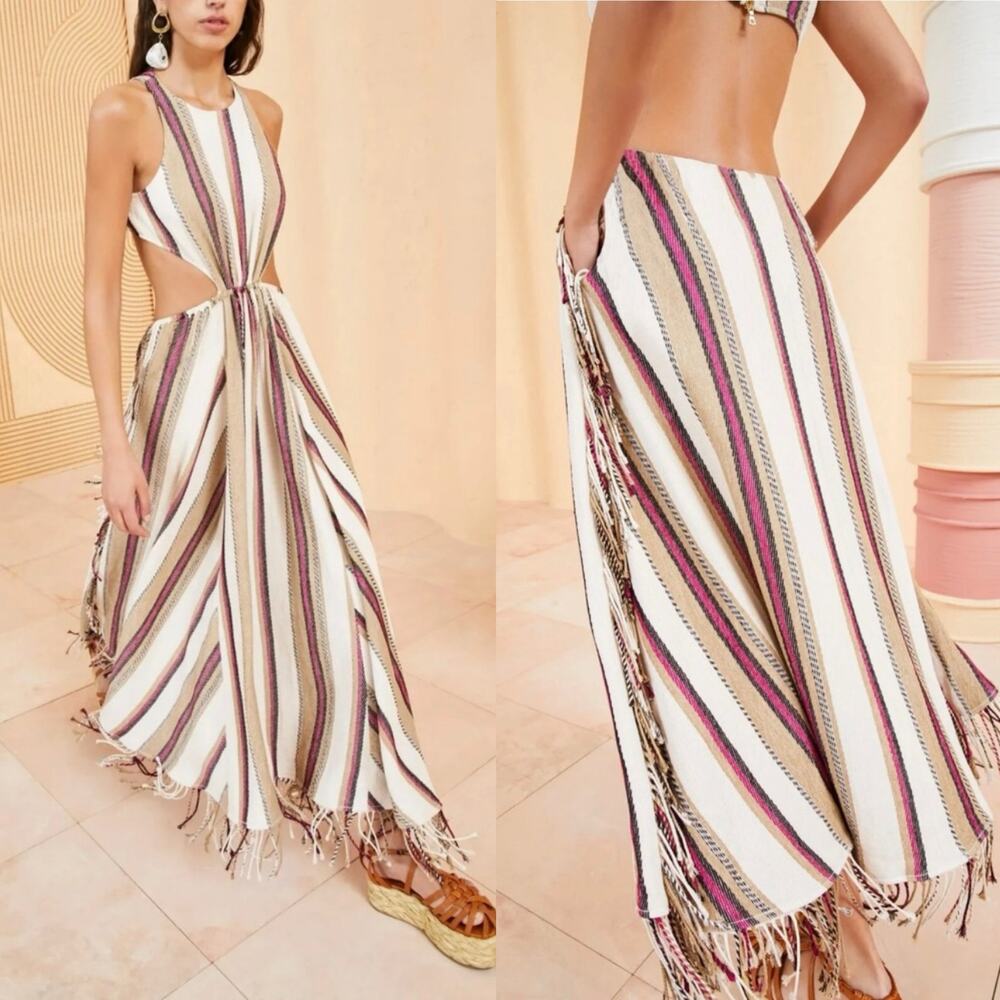 Ulla Johnson Caterina Maxi Dress Cream Linen Striped Cut Out Fringe Boho Size 6